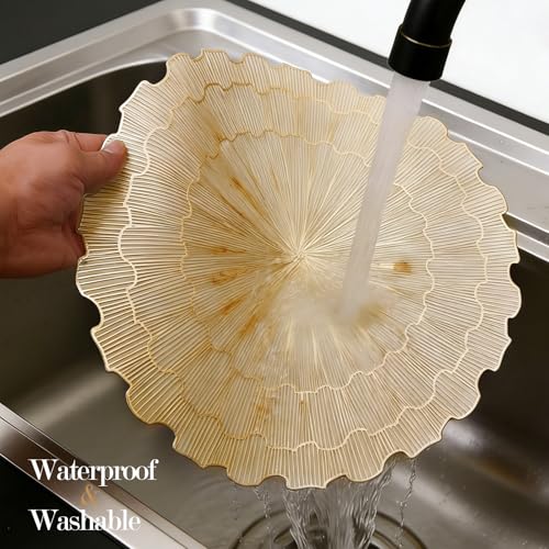 Quantum Love Set of 6 Round Vinyl Placemats Pressed Metallic 15 Inch Gold Sunflower PVC Place Mats Dinning Kitchen Waterproof Washable Table Mats for Fesitval Wedding Party Decoration - color: Gold Sunflower
