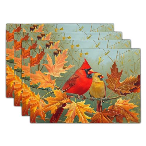 Giwawa Fall Birds Placemats Set of 4, 12"x18" Autumn Trees Maple Leaves Chestnuts Table Mats, Thanksgiving Harvest Heat Resistant Washable Linen Place Mat for Kitchen Dining Holiday Party Decor - color: Fall Birds