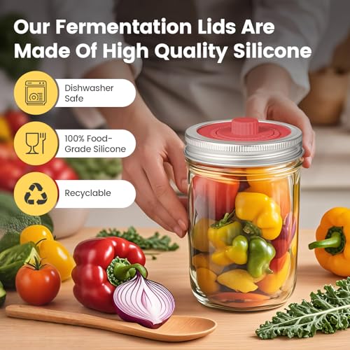 Original Patented Airlock Fermentation Lids for Wide Mouth Mason Jars, Fermenter Caps, Fermentation Kit for Sauerkraut & Pickle Kit, One Way Waterless Airlock Valve - BPA-Free (Jar Not Included)