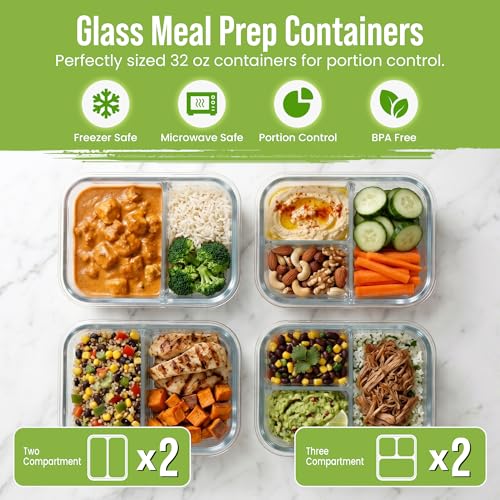 Glass Meal Prep Containers 2 and 3 Compartments, Leak-Proof, 32 oz, 4 Pack - color: Blue(2,3 compartment - 4 pack, 32oz)