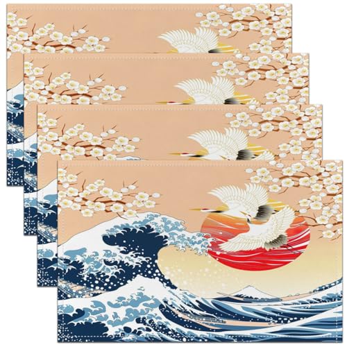 Feelyou Japanese Wave Placemats Set of 4 Cherry Blossoms Placemat for Kitchen Dining Table 18"x12" Red Sun Hokusai Pattern Home Decor Table Place Mats Japanese Style Indoor Outdoor Decor Table Mats - color: Blue Yellow