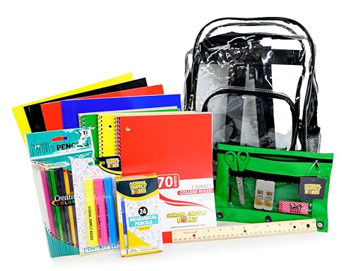 School Supply Boxes | 17" (Black or Clear) Backpack Bundle for (Elementary, Intermediate, or High School) - color: Clear, style: Intermediate