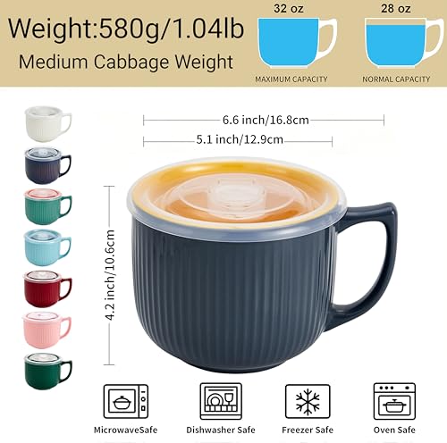 Ceramic Soup Bowl with Handle & Lid, 32oz Microwave Ramen Bowl Set of 2 - color: Gray/Yellow 2 pcs-32, size: 32 OZ