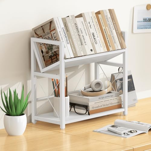 ELITEROO Desktop Bookshelf Organizer, 2 Tier Wood Desk Shelf for Tabletop Storage, Small Book Rack for Office, Home, or Study, Mini Bookcase for Book Display, Decor, and Supplies, White - color: White