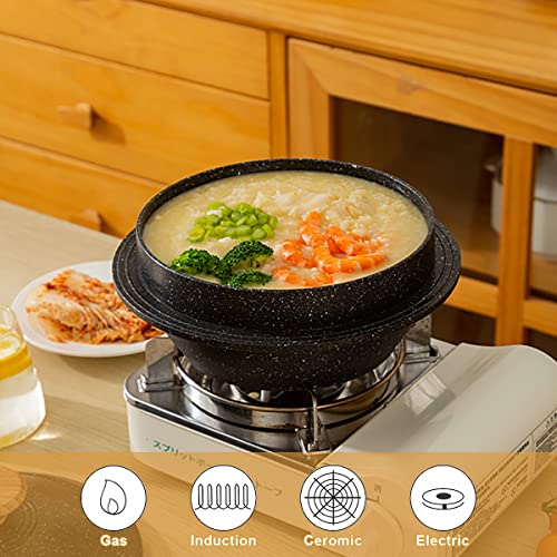 Cast Aluminum Pot with Lid, 72 oz Non-Stick Casserole Dish Korean Stone Bowl Induction Compatible, 2150 ml - Black - color: Black, size: 9.5 in
