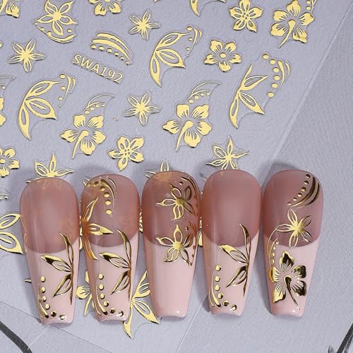 Flower Nail Stickers for Nail Art 12PCS Hibiscus Flowers Nail Decals 3D Self-Adhesive Tropical Nail Art Designs Pink Gold Petals Butterfly Sliders Summer Manicure Decoration DIY Supplies for Women - style: Hibiscus Flowers