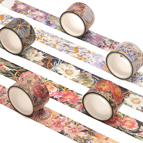 YUBBAEX Blooming Washi Tape Set Gold Foil Masking Tape Peony Wide Decorative for Arts, DIY Crafts, Journal Supplies, Planners, Scrapbook, Card/Gift Wrapping -25mm- (Purple Flowers) - color: Purple Flowers