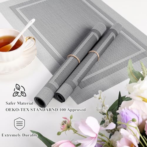 SHACOS Woven Vinyl Placemats Set of 4 Wipe Clean Place Mats for Dining Table Heat Resistant PVC Weave Table Mats Indoor Outdoor (4, Frame Grey) - color: Frame Grey, size: Set of 4
