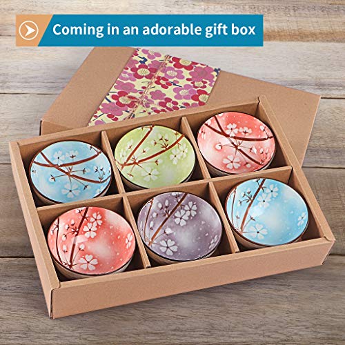 Ceramic Rice Bowls 10 oz, Sakura Bowl Gift Set, Assorted Color Dinnerware Serving Bowls for Rice, Cereal, Noodle, Soup, Desserts, Pack of 6 (Cherry Blossom) - color: Sakura, size: 6 Pack