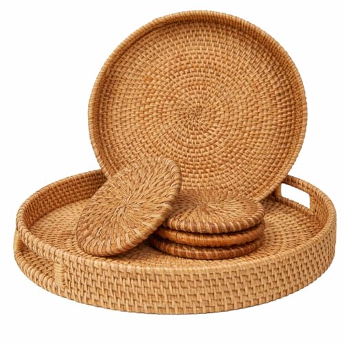 Round Rattan Serving Tray Set (2 Nesting Sizes) with Handles, 4 Coasters Included, Handwoven Boho Wicker Organizer for Coffee Table or Ottoman, 14.2 x 2.3 in and 11.9 x 1.7 in