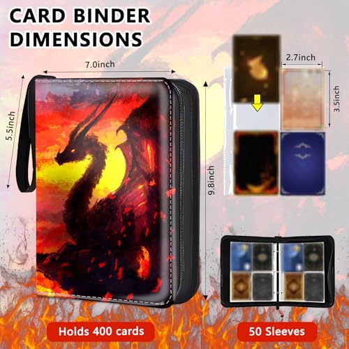 4 Pocket Trading Card Binder, Holds 400 Cards, Zipper Binder - color: Ice Fire Dragon