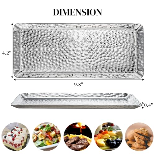 4 Pcs Silver Bathroom Tray, Small Metal Hammered Serving Plate - size: 9.8''L x 4.2''W x 0.4''H