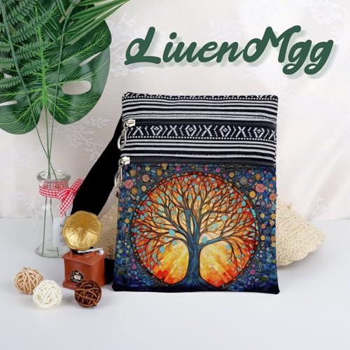 Stained Glass Pattern Crossbody Handbag with Zipper Butterfly World Tree Bee Aesthetic Present for Woman - color: World Tree