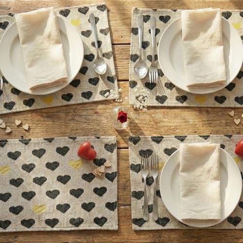 DaDa Bedding Woven Tapestry Heart Placemats – Set of 4 – Black & Gold Heart Pattern Table Mats for Dining Room – Rustic Farmhouse Valentine’s Day Decor & Everyday Kitchen Table Setting – 13" x 19" - color: Black, Yellow, White