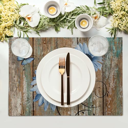 Giwawa Rustic Daisy Placemats Set of 4- Blue Sunflowers on Vintage Wood Board Linen Place Mat- Farmhouse Wooden Washable Heat Resistant Table Mats for Kitchen Dining Cabin Lodge Decor - color: Daisy Blue