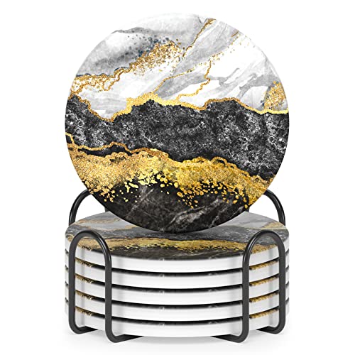 Coasters for Drinks, Set of 6 Cute Absorbent Ceramic Drink Coasters - color: White Black Gold Marble