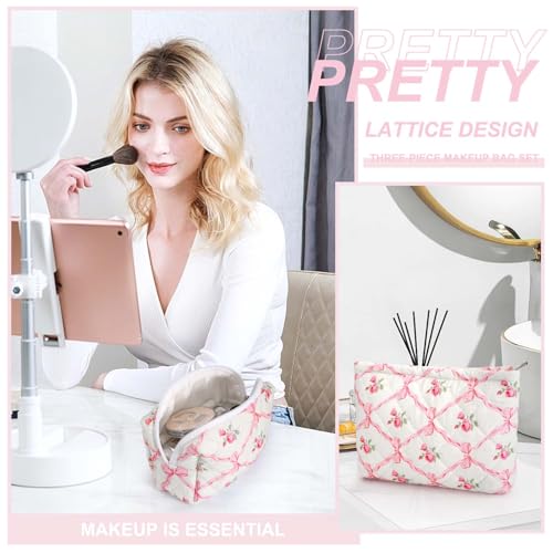 EIMMBD Makeup Bags 3 Pieces Large Capacity Floral Cosmetic Bag Travel Toiletry Bag Organizer Cute Makeup Bag Pouch Storage Bag for Women(Pink Floral) - color: Pink Floral