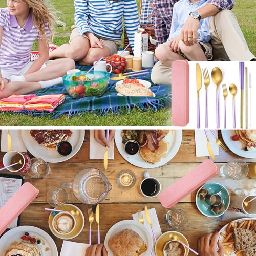 AARainbow 8 Pieces Stainless Steel Flatware Set Portable Reusable Cutlery Set Travel Utensils Set Including Chopsticks Knife Fork Spoon Straws Cleaning Brush Dishwasher Safe (B-Purple Golden) - color: B-Purple Golden