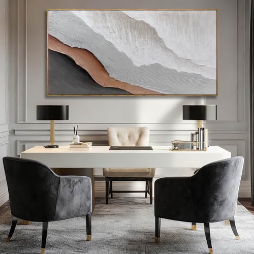 Textured White Wall Art,Grey Abstract Artwork,Large Framed Modern Pictures,Wave Landscape Oil Painting 24"x48"for Home Office Gallery - color: SOUGUAN-BHZ60120, size: 48"L x 24"W