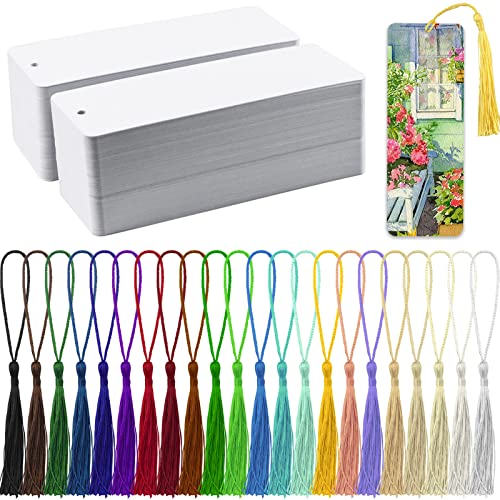 Bercoor 240 PCS White Blank Paper Bookmarks Decorate with 240 Pcs Tassels, Thick Cardstock Bookmark for DIY Craft Projects and Gifts Tags - size: 5.5 x 2 inches
