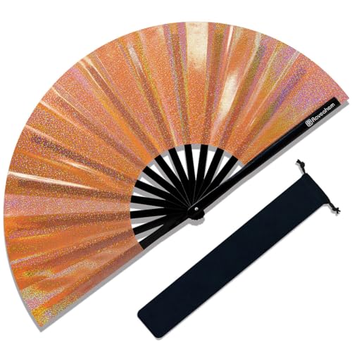 Large Rave Fan, Clack Folding Hand Fan with Premium Fabric, Thick Bamboo Frame for Men Women Gift for EDM, Festival, Club, Party, Dance, Decoration (Lridescent Orange, 13") - color: Lridescent Orange, size: 13"