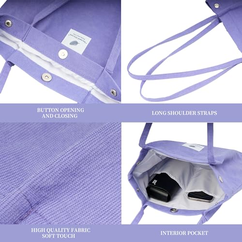 Corduroy Tote Bag Cute Tote Bags for Women Shoulder Bag with Inner Pocket for Work Beach Travel and Shopping Grocery - style: Purple