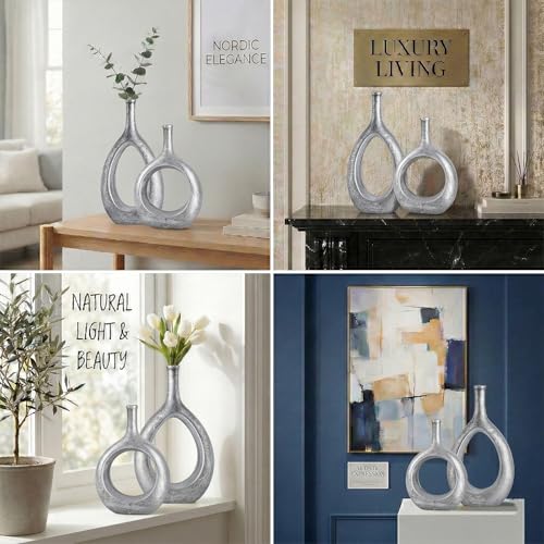 Silver Ceramic Hollow Elliptical Vase Set of 2 - Boho Circle Vase with Hole, for Modern Silver Table Decor, Living Room Decor Shelf mid Century Modern Home Entrance Decorative vase - color: Silver