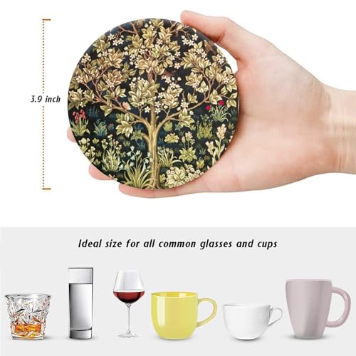HUXJOKO Coasters for Drinks Set of 6,William Morris Floral Pattern Absorbent Ceramic Coaster,Round Stone Mat,with Cork Base and Metal Holder for Coffee Table Room Bar Home Decor Housewarming Gifts - color: William Morris 2, size: Round