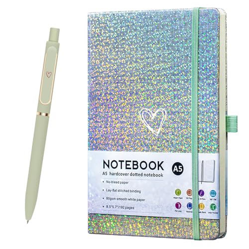 Bling A5 Notebook with Pen, Lined Journal Notebook A5 Notepad for Girls Women,Cute Heart Pattern Design Glitter Laser Diary College Ruled Hardcover Notebook for Work, Note Taking, Business (Green) - color: Green