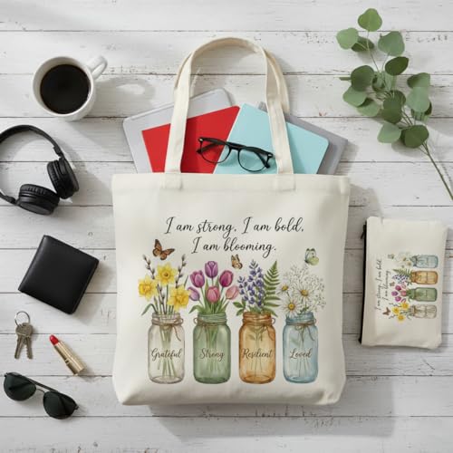 Aesthetic Canvas Tote Bag for Women – Minimalist Open-Top Design, Perfect for Books, Daily Errands and Gifting. - color: Blooming Affirmation Floral