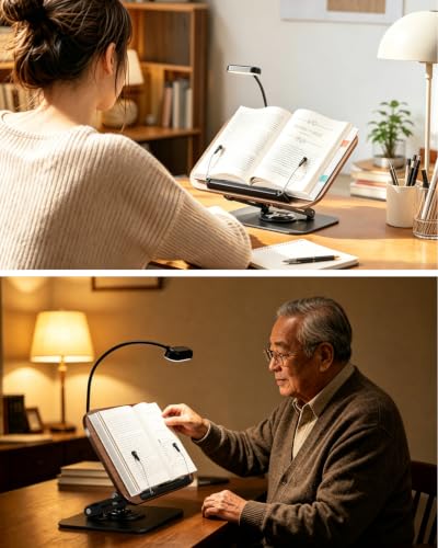 Book Stand with Reading Light, 360° Rotating Book Holder for Desk, Foldable Cookbook Stand with Page Clips, Height & Angle Adjustable Reading Stand for Textbooks, Tablets - color: Dark Wood With Light