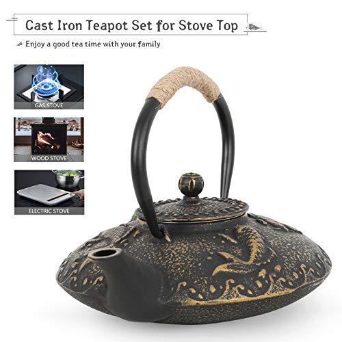 Ufine Koi Fish Cast Iron Teapot Set Stove Top 26 oz Tea Kettle with 4 Cups - color: Koi Fish