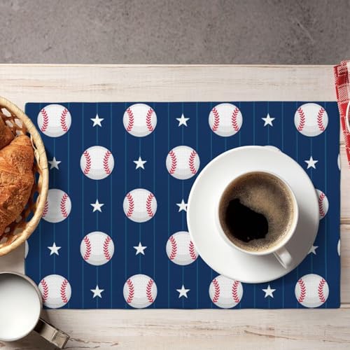 Baseball Theme Placemats Rectangle Linen Table Placemet Set of 6 - color: Blue White, size: Set of 6