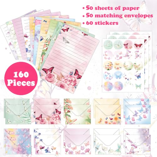 FUNCLASS 160 Pcs Butterfly Stationery Set Letter and Envelopes - color: Butterfly
