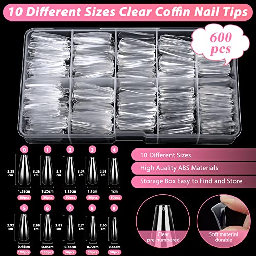 600PCS Clear Coffin Nail Tips Set Qinzave Clear Acrylic Nail Tips with Nail Glue Coffin Nails Full Cover with Nail Display Stand, Cuticle Nail Pusher Remover, Nail Files Buffer - color: Full Cover Nail Tips Set