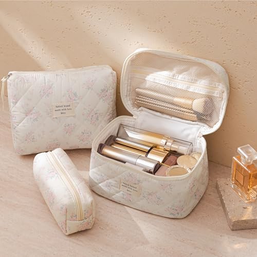 HBselect Quilted Makeup Bag, 3Pcs Cotton Large Travel Makeup Bags Organizer - color: A-3PCS-Floral 34