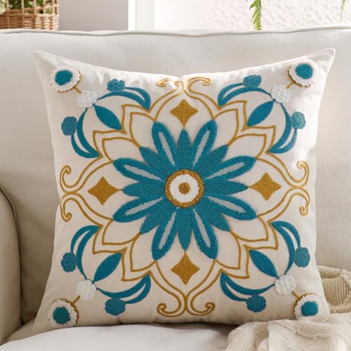 Embroidered Floral Throw Pillow Cover 18x18 Set of 1 Teal - color: Teal, size: 18" x 18" (Pack of 1)