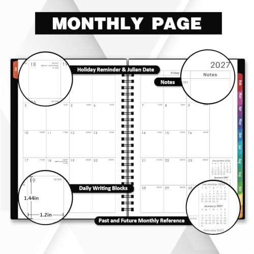 2027 Planner - 2027 Planner Weekly and Monthly, Jan 2027 - Dec 2027, 2027 Calendar Planner with Colorful Tabs, 6.25" × 8.3", Strong Twin-Wire Binding, Back Pocket, Holidays - color: Black