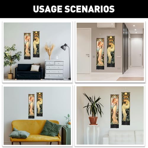 PLIGREAT 2 Pack Mucha Style Vertical Tapestry, Aesthetic Wall Hanging - color: beige,green