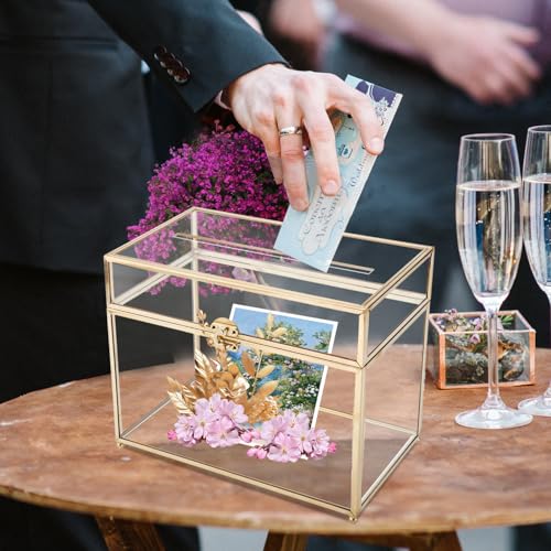 HighFree Glass Card Box, Large Clear Card Box for Wedding Receptions, Decorative Storage Box for Baby Shower, Birthday Party, Bridal Shower (With Slot, Gold) - color: Gold