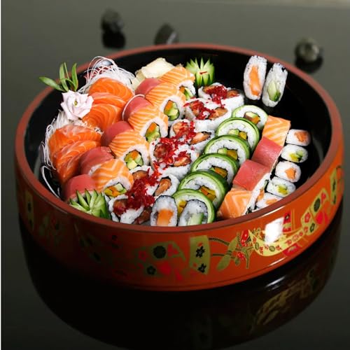 Red with Traditional Art Sushi Serving Tray - Round Sashimi Platter & Seafood Dish, Japanese Lacquered Plastic Tray for Weddings, Parties, BBQs, & Events with Ice Compartment - Large (11.5 Inch) - size: 11.5"