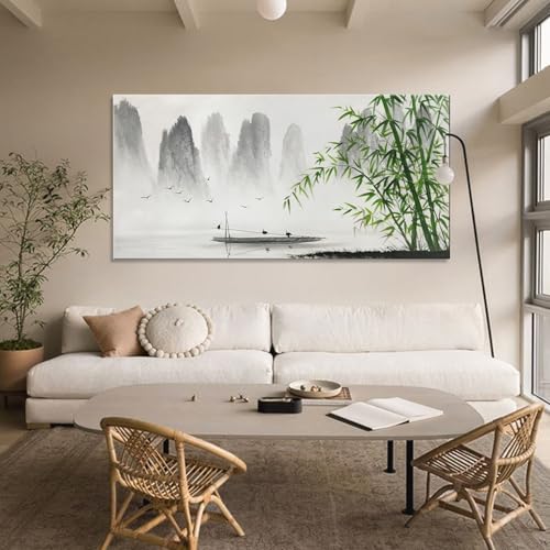 Winpeak Art Traditional Chinese Painting Black and White Landscape Canvas Wall Art Bamboo Artwork - size: 48"L x 24"W