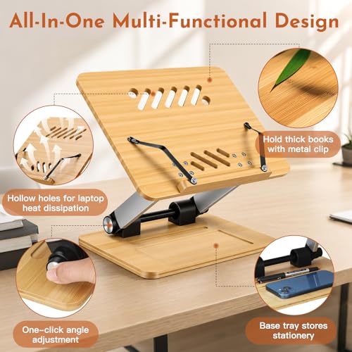 Bamboo Adjustable Book Stand, Foldable Cookbook Holder (Natural Bamboo)