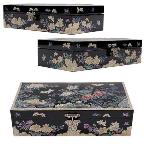 February Mountain Mother of Pearl Jewelry Organizer box - Handmade Large Wooden Box Romantic Anniversary Birthday Gifts for women (Butterflies in Peony Garden) - style: Butterflies in Peony Garden