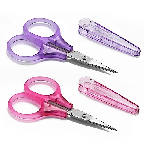 SCAIKTIG Small Craft Scissors, 3" Tiny Travel Scissors Tsa Compliant with Cover, Sharp Scissors all Purpose, Straight Fine Tips Mini Sewing Scissors Set, Precision Detail Paper Cutting, Pink/Purple - color: Red+purple