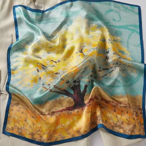 100% Pure Mulberry Silk Scarf women Scraf Small Square 21x21“ Lightweight Neckerchief horse print Dot Digital Red - color: 11#yellow Tree