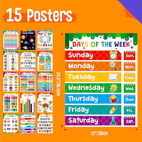 15 Packs Educational Poster, Thick Early Learning Posters Waterproof & Tear Proof with PET Film, Alphabet/Animals/Opposites/Emotions/Numbers Posters for Kindergarten Preschool Toddlers (14.5”x11”) - size: Educational Poster (14.5”x11”)