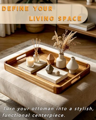 22-in Wooden Serving Tray, Acacia Ottoman Tray, Rounded Corners - size: 22" x 15.8" x 2"