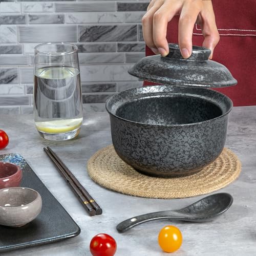 Ceramic Ramen Bowl Set of 2, Ramen Noodle Bowl with Lid 27oz Japanese Retro Style Soup, Pho, Udon Bowls, Matching Spoons and Chopsticks for Microwave & Dishwasher Safe, Black - color: Black, size: 2 Pcs