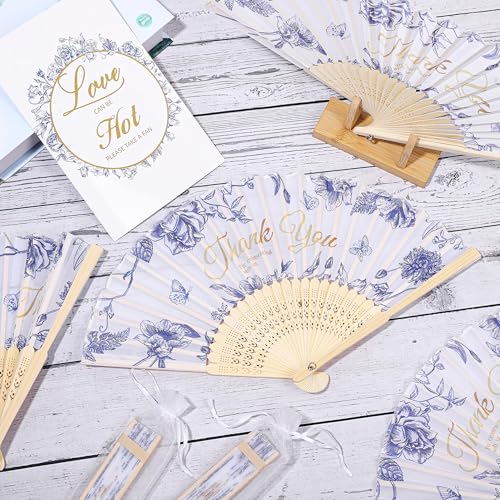 Aneco 30 Sets Blue Flower Wedding Folding Fans, Blue Floral Bamboo Handheld Folding Fans with Organza Bags Table Sign, Thank You Vintage Silk Handheld Fan for Bridal Shower Wedding Party Decorations - color: Blue Flowers